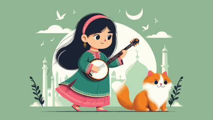illustration of a little girl playing a Banjo accompanied by a Persian cat