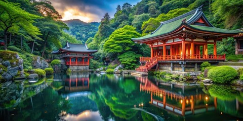 Serene Kifune Shrine in Kyoto Surrounded by Lush Greenery and Tranquil Waterways in Japan