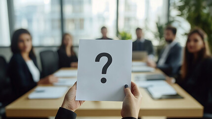 Question mark on white sheet in hand of businesswoman at office meeting of colleagues. Concept of unresolved issues or disagreements