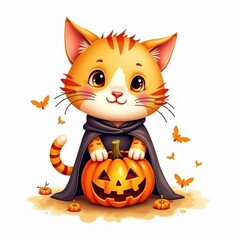 cat with pumpkin isolated halloween illustration in watercolor style. cute character jack-o-lantern
