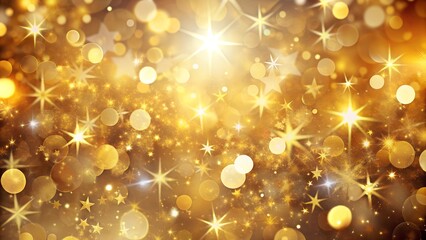  Golden abstract background with glowing bokeh and stars, perfect for festive designs, Christmas cards, or seasonal marketing materials with generous copy space for text.