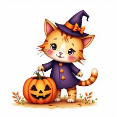 cat with pumpkin isolated halloween illustration in watercolor style. cute character jack-o-lantern