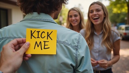 Close-up of "Kick Me" prank sign on back of person’s shirt with laughing friends in playful setting
