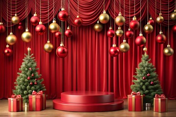  Christmas podium with hanging red and gold ornaments, flanked by decorated trees. Ideal for product showcases with elegant holiday decor and plenty of copy space for festive messages.