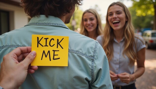 Close-up of "Kick Me" prank sign on back of person’s shirt with laughing friends in playful setting