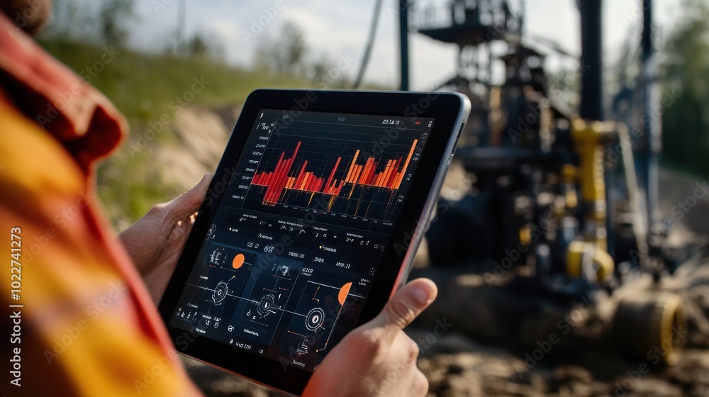 Poster a tablet dashboard displaying various drilling metrics for an artisan water well exploration project