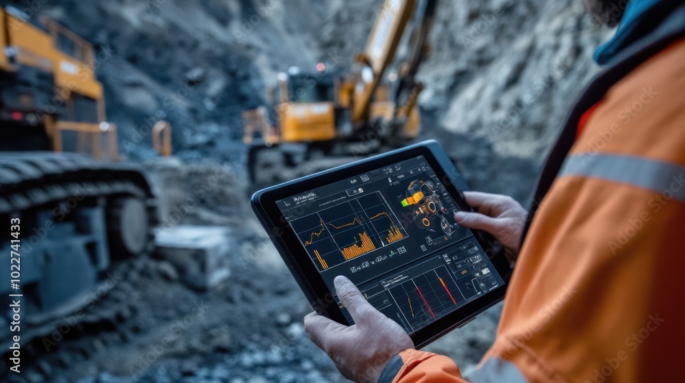 Poster a tablet displaying a dashboard for controlling a drilling rig in a mineral exploration site, with t