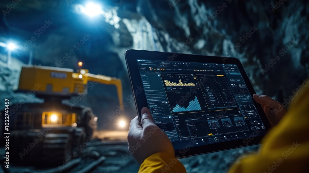 Poster a tablet displaying a dashboard for controlling a drilling rig in a mineral exploration site, with t