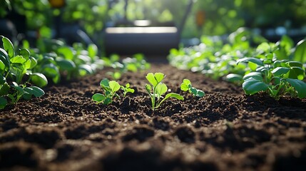 A close-up of an electric garden roller flattening soil beds in a raised garden, rich brown soil being compacted evenly, bright sunlight creating soft shadows, clean and detailed view,