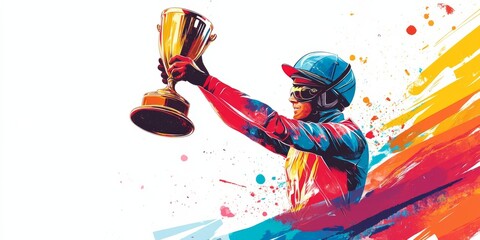 Obraz premium Minimalist Background of Geelong Cup Race: Jockey Silhouette and Racing Icon Isolated on a Blue Sky with Wet Sand 