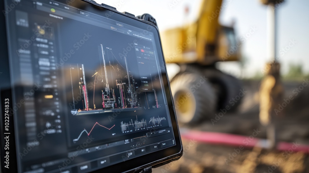 Poster a tablet displaying real-time drilling data for a water well project, with the operator controlling 