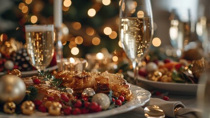 Festive Christmas dinner with family around a beautifully decorated table and a glowing Christmas tree