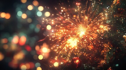 Obraz premium Festive New Year Celebration Background with Colorful Fireworks and Christmas Decorations