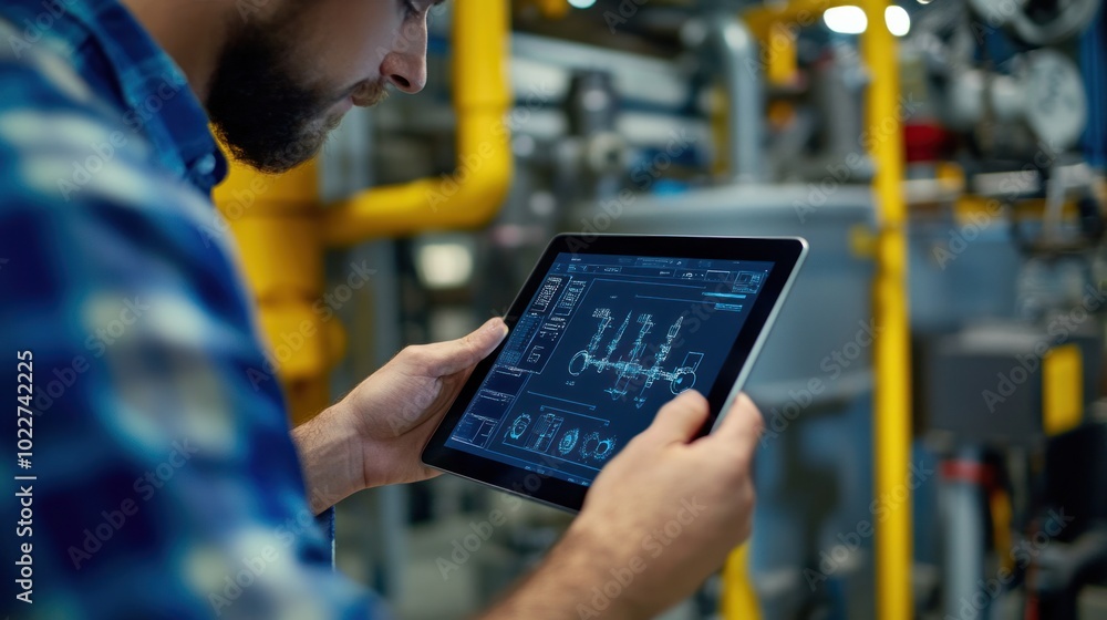 Poster a tablet interface controlling automated drilling systems for an artisan water well, with the operat