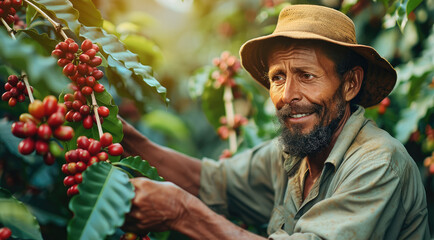 A farmer harvesting Coffee Beans, coffee production.