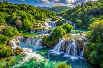 Fototapeta premium Serene Landscape of Krka River in Croatia Surrounded by Lush Greenery and Cascading Waterfalls