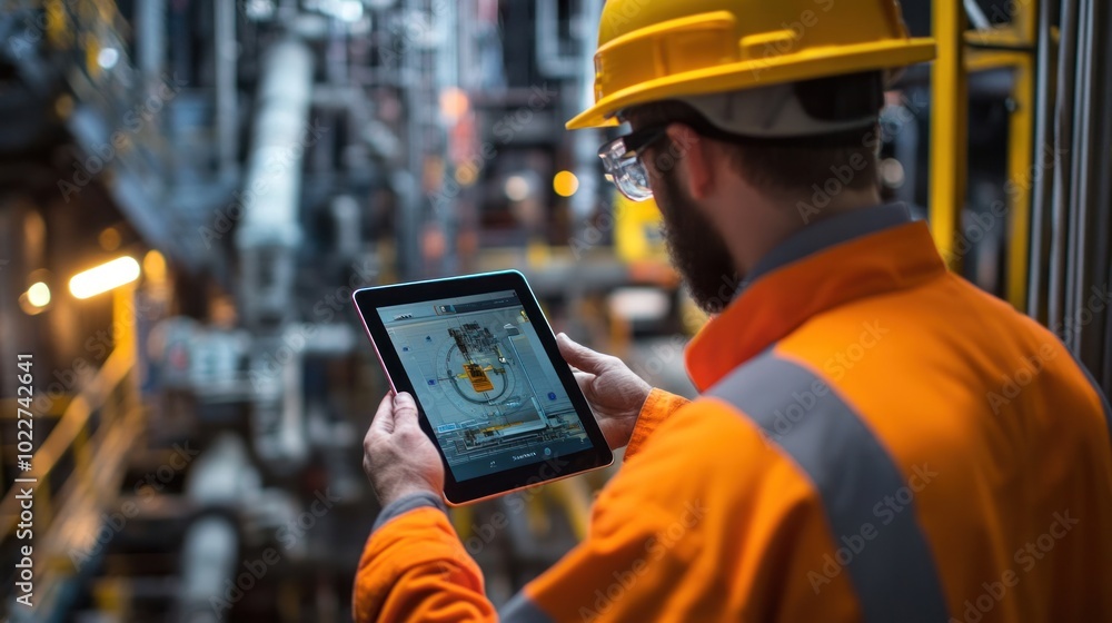 Poster a tablet-assisted drilling operation for gas exploration, with the operator seamlessly controlling d