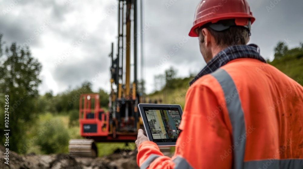 Poster a tablet-controlled drilling rig in action, with an operator overseeing the drilling process remotel