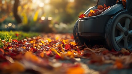 A close-up view of a modern garden vacuum collecting leaves, rich textures of metal and leaf surfaces, red and yellow leaves being pulled into the vacuum, sunlight reflecting off metallic parts,