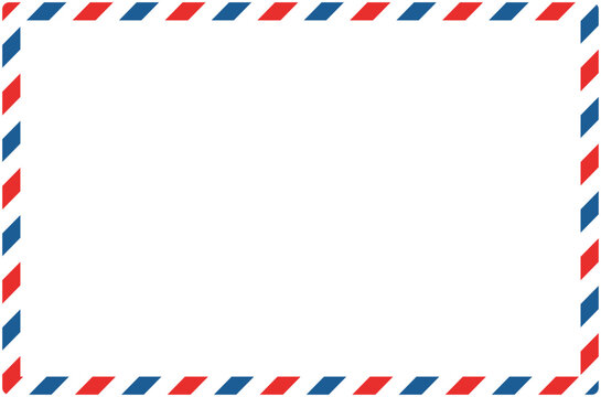 Airmail envelope frame. International vintage letter border. Diplomat size. Retro air mail with blue and red stripes. Blank correspondence paper template. Empty classic postal message illustration.