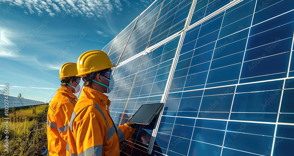 Poster a group of technicians in safety gear, inspecting a row of solar panels with modern diagnostic equip
