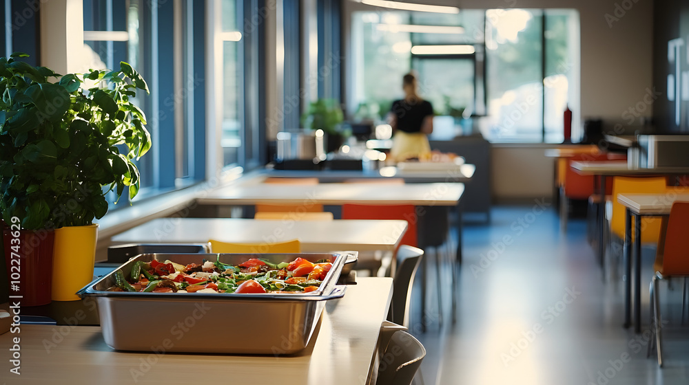 Poster exploring workplace cafeterias: a guide to menu options and dining environments
