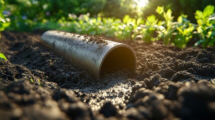 Obraz premium A detailed view of an electric garden roller compacting soil in a landscaped garden, smooth metal surface pressing down on rich soil, bright green plants in the background,