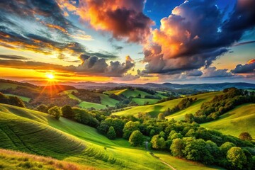 Serene landscape of rolling hills under a vibrant sunset with colorful clouds and lush greenery
