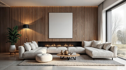 A cozy living room with a white color scheme and a fireplace. The room features a large picture on the wall and a white sofa.