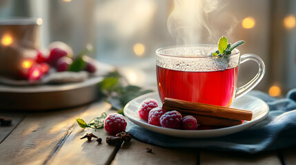 A steaming cup of berry tea with cinnamon sticks for a warm and flavorful drink
