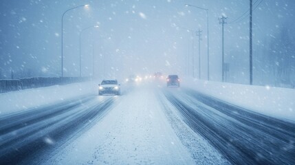 A winter storm creating visibility issues for drivers on a highway, with snow and wind reducing visibility to a few feet