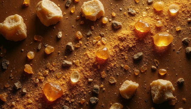 Textured background of gold dust, frankincense grains, and myrrh resin