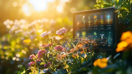 A digital control panel for smart garden management, touch interface showing plant growth charts, water usage, and temperature, surrounded by garden flowers, soft sunlight highlighting the screen,
