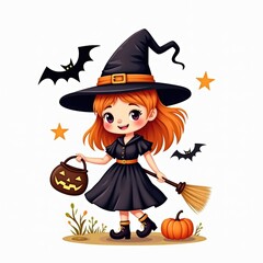 witch isolated halloween illustration in watercolor style. cute character