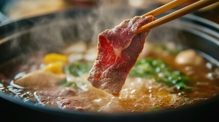 Fresh beef is cooked in hot Japanese shabu-shabu broth, resulting in a warm, steamy dish with vegetables and mouth-watering aromas.