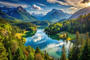 Fototapeta premium Serene Landscapes of Nature: Mountains, Forests, Lakes, and Vibrant Wildlife in Stunning Views
