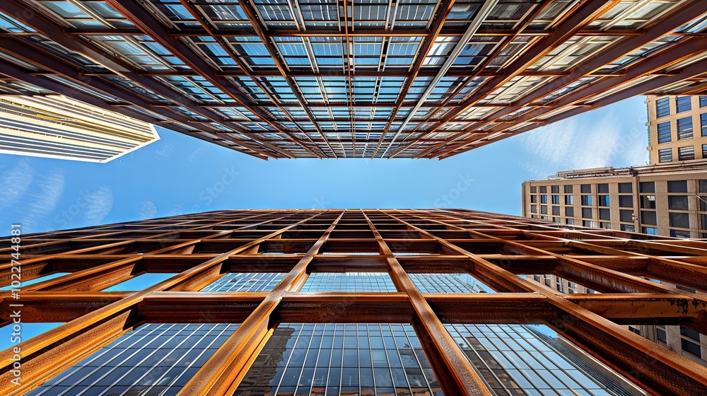 Wall mural upward perspective of modern skyscraper with exposed steel rebar architecture, showcasing urban deve