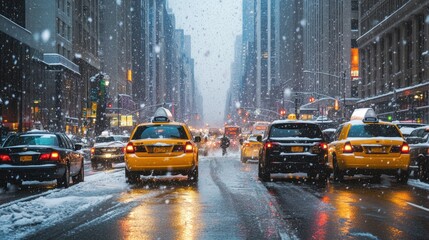 A wintry mix of sleet and snow falling in a busy city, causing slippery conditions on roads and sidewalks