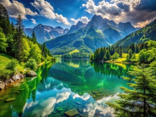 Obraz premium Serene Landscape with Majestic Mountains, Lush Greenery and a Calm Lake Under a Clear Blue Sky