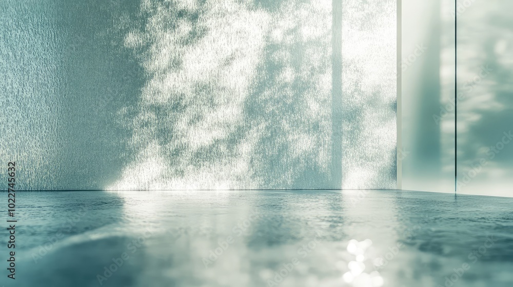 Poster a minimalist scene of transparent glass with a speckled texture, reflecting soft light and creating 