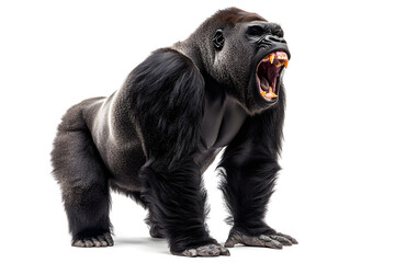 Strong gorilla standing and roaring isolated on white background