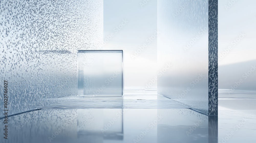 Poster a minimalist scene of transparent glass with a speckled texture, reflecting soft light and creating 