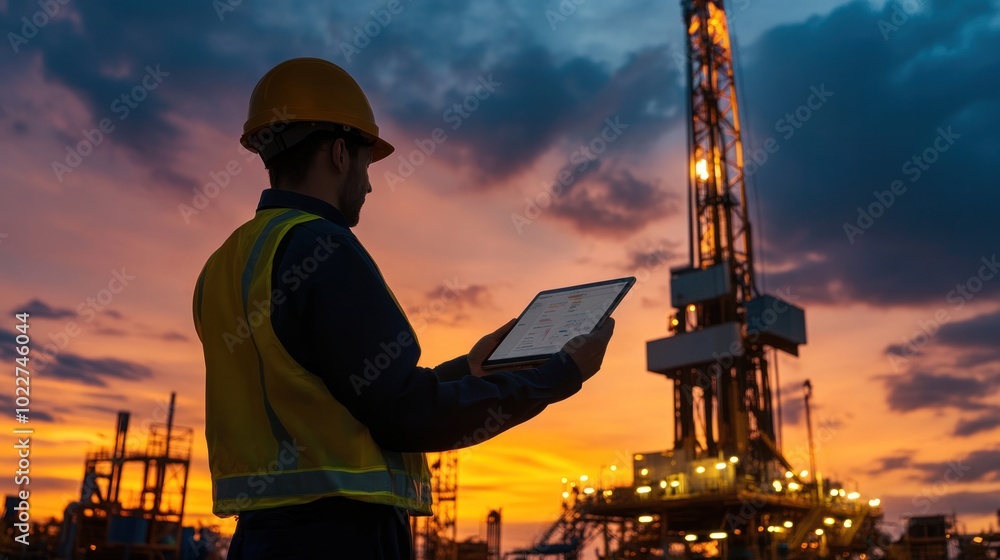 Poster an oil and gas drilling rig fully automated, with the operator using a mobile tablet to monitor and 