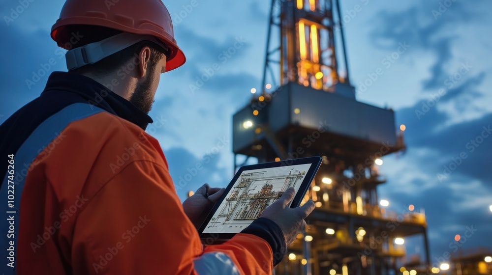 Poster an oil and gas drilling rig operator using smart drilling technology on a tablet to control automate