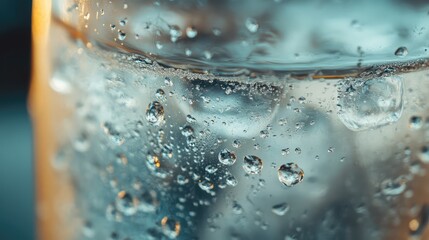 A close-up of a glass of cold water with condensation forming tiny water droplets on its surface, glistening in soft light