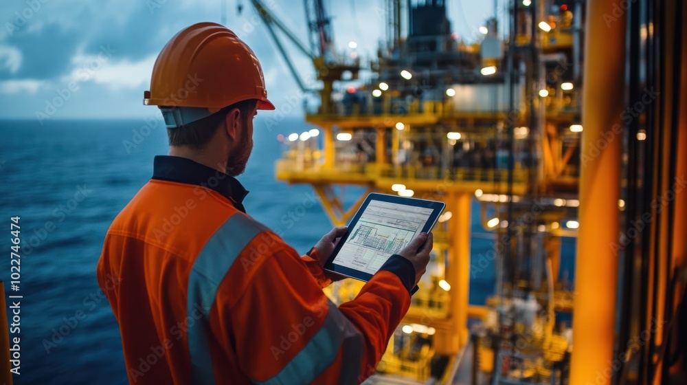 Poster an operator adjusting rig automation settings via tablet, fine-tuning the drilling process to ensure