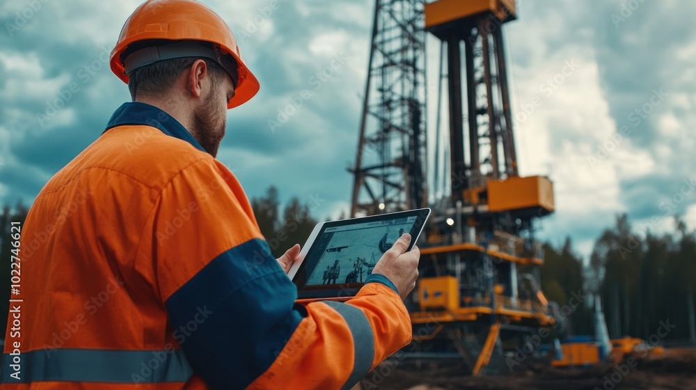 Poster an operator managing a remote drilling rig via a tablet, showcasing the ease of use and flexibility 