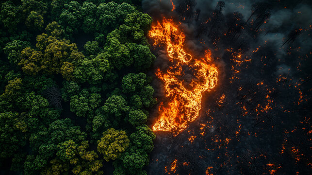 Aerial view of a forest half on fire. Deforestation