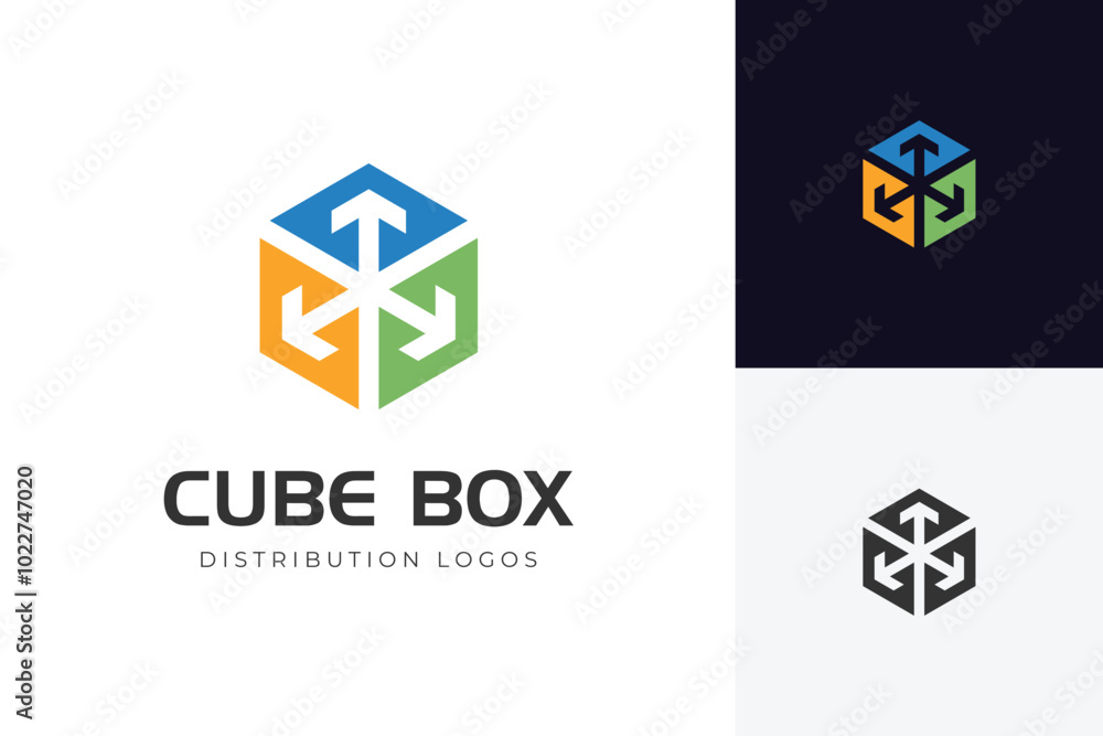Poster cube box with distribution arrow logo icon design with geometry graphic vector symbol
