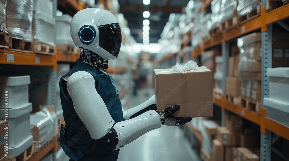 Fototapete a robot warehouse worker moving boxes in a warehouse setting. with neatly arranged shelves filled wi